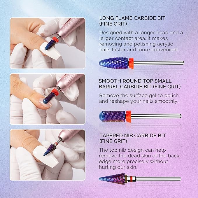MelodySusie 3Pcs Nail Drill Bits Set, 3/32'' Carbide Tungsten Bits, Long Flame, Smooth Round Top Small Barrel and Tapered Nib Bits, Suitable for Manicure Pedicure Cuticle Gel Acrylic Remover, Purple