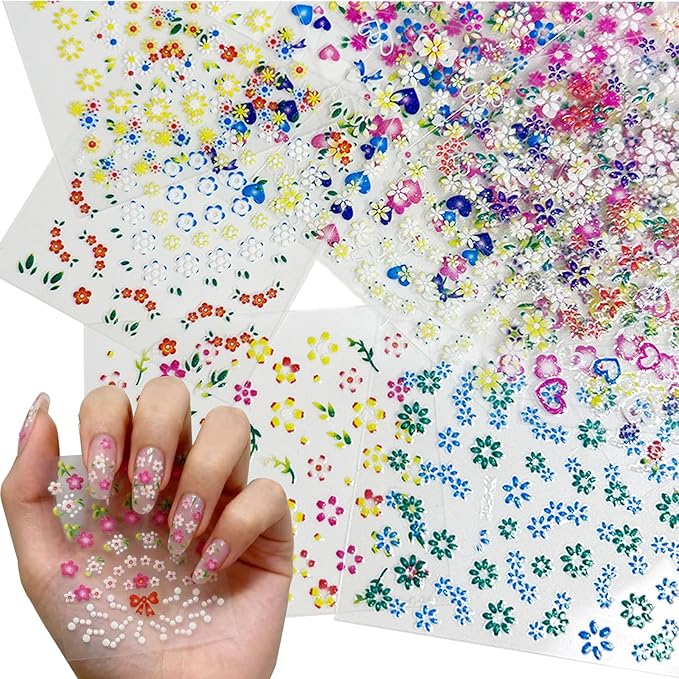 30 Sheets Flower Nail Art Stickers White Black Colorful 3D Self-Adhesive Nail Decals for Women Girls, DIY Manicure Designs Fake Nails Decorations Salon Supplies