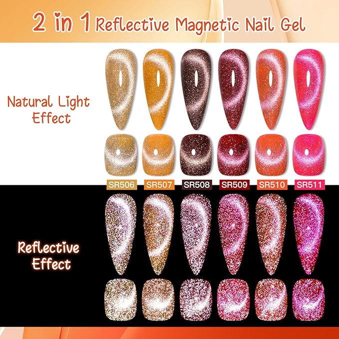 MEET ACROSS Amber Crystal Cat Eye Gel Nail Polish Reflective Glitter Magnetic Magnetic Cat Eye Gel Nail Polish Set Sparkly Red Coral Orange Brown Gift for Winter Christmas