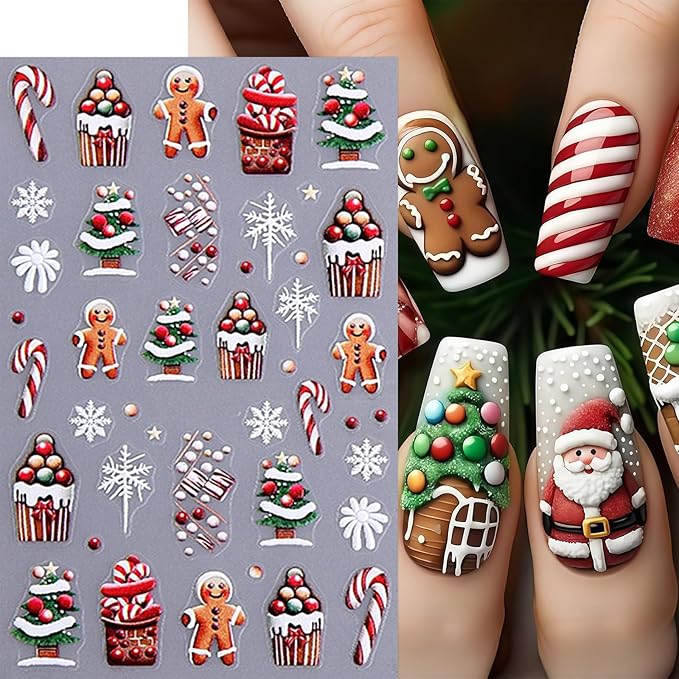 4 Pcs Christmas Nail Art Stickers 5D Micro Embossed Self-Adhesive Snowman Gingerbread Man Snowflake Bow Holly Leaf Nail Decals Xmas Tree Santa Claus Nail Supplies for Women Winter Holiday DIY Manicure