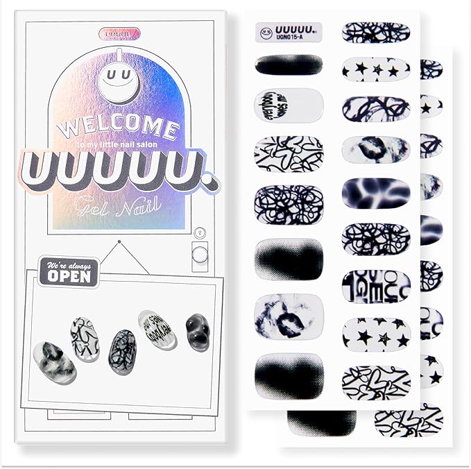 UUUUUU Semi Cured Gel Nail Strips | Salon-Quality | UV Free Gel Nail Wraps for Women | Easy Peel&Stick | Long-Lasting up to 14 Days | 28 Strips Set+File & Wipes | Gift-Ready(UGN102 Modern Museum)