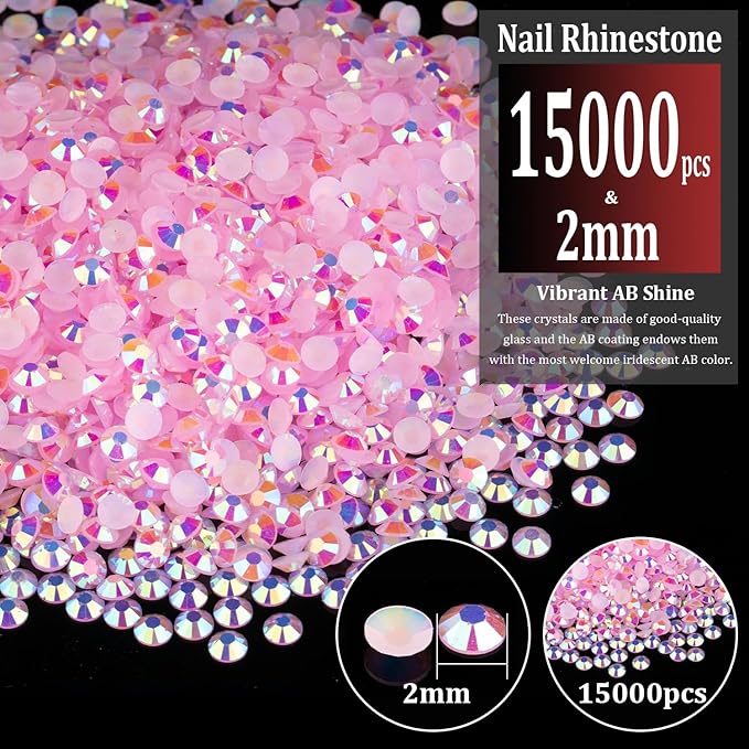 15000pcs 2mm Resin Rhinestones Bulk, Light Pink AB Flatback Round Jelly Rhinestones Bedazzling Non Hotfix Crystal Gems Large Quantity Wholesale for DIY Crafts Clothes Tumblers Face Makeup Manicure