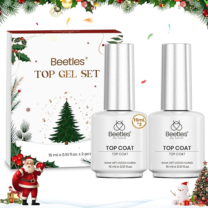 Beetles Christmas Limited Gel Top Set, 2Pcs 15ml Top Coat Gel Nail Polish, No Wipe Long Lasting Shining Glossy Top Coat Nail Manicure Soak off U V Lamp Needed Christmas Nail Gifts for Women