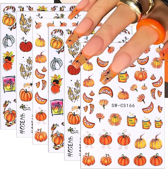 6 Sheets Cute Pumpkin 3D Self-Adhesive Nail Art Stickers with Pumpkin Seeds Designs, Flower Star Letter Nail Decals for Women Salon