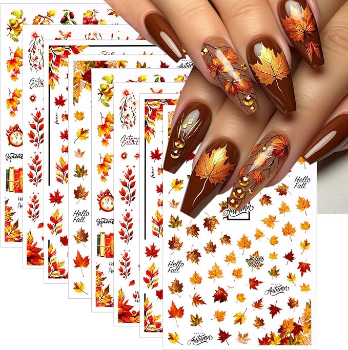 Fall Nail Art Stickers 8 Pcs 3D Self-Adhesive Thanksgiving Nail Decals Maple Leaves Pine Cone Deer Nails Designs Autumn Nails Decorations for Women DIY Manicure Art Supplies