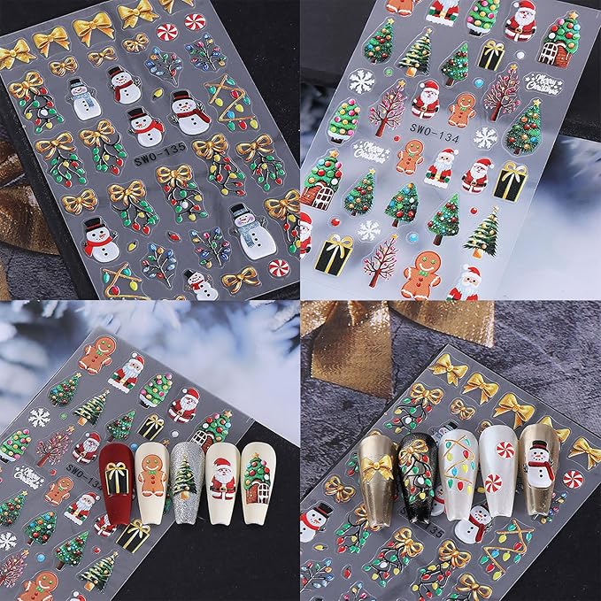 2 Sheets 5D Embossed Christmas Nail Stickers for Nail Art Self-Adhesive Santa Claus Nail Decals Winter Snowman Snowflake Nail Art Stickers Xmas Bow Light Strips Christmas Tree Nail Design for Women