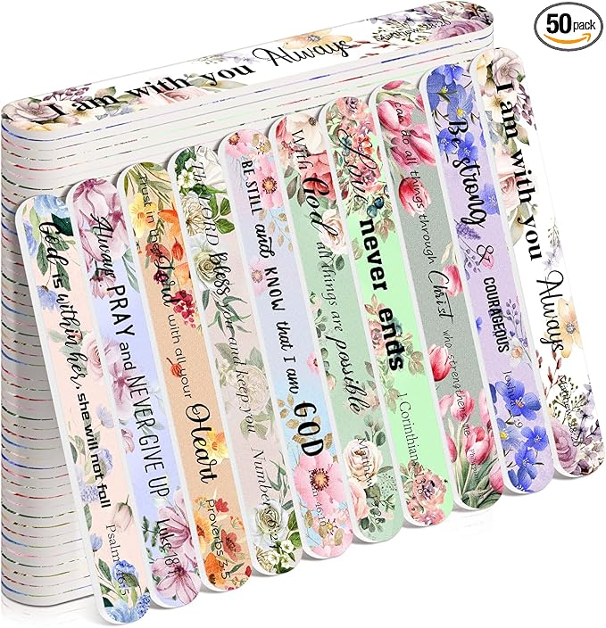 50 Pack Christian Gifts for Women Bulk Bible Verse Scripture Nail Files Floral Emery Boards Christian Religious Party Employee Appreciation Gifts for Team Staff Coworkers Teachers
