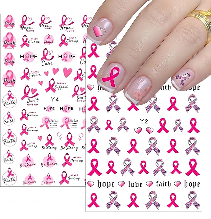 Breast Cancer Nail Art Stickers Pink Ribbon Nail Decals 3D Self Adhesive Nail Decals Love Heart Bow Pink Ribbon Design Nail Sticker Breast Cancer Awareness Nail Supplies for Women Decoration 6 Sheets