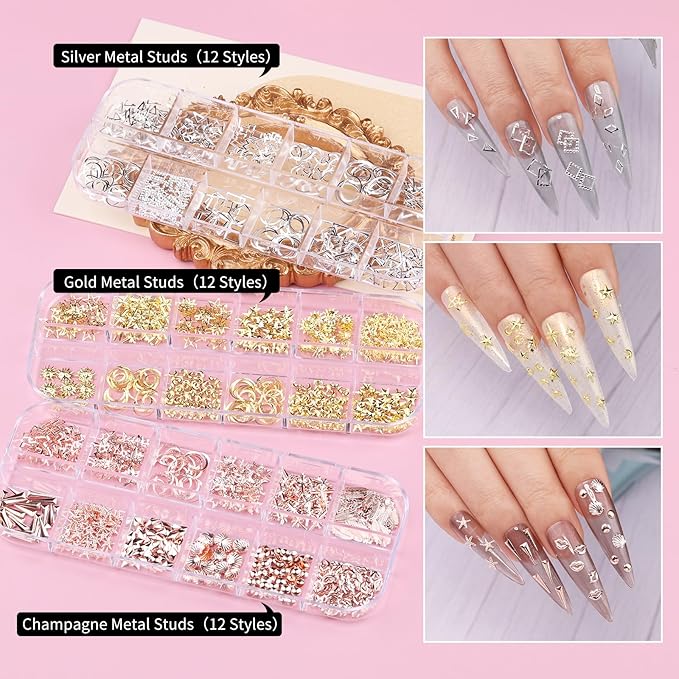 10 Boxes Nail Art Kit, Colorful Glass Nail Rhinestones, 2-6mm White Flatback Pearls, 3D Gold Studs Holographic Foil Flakes and Iridescent Glitter Sequins with Tweezers Brush