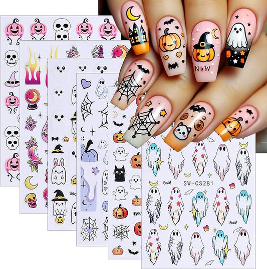 Halloween Nail Art Stickers 6 Sheets Halloween Nail Decals 3D Self Adhesive Cute Nail Stickers Ghost Pumpkin Bat Skull Pattern DIY Manicure Supplies Hallowee Nail Decorations for Women Girls