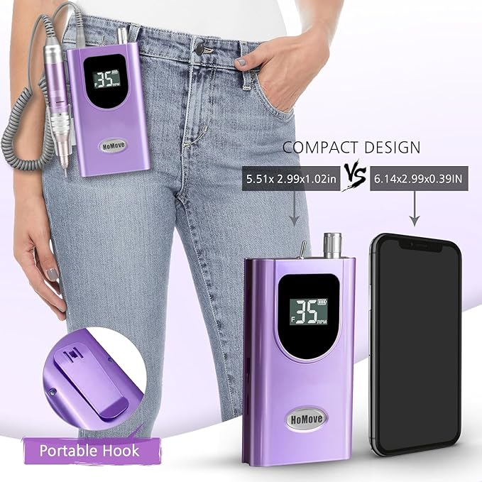 35000RPM Portable Nail Drill Machine, HoMove Professional Nail Drill Machine, Rechargeable Electric Efile Nail Drills for Acrylic Gel Nails, Cordless Portable Nails Drill【Purple】