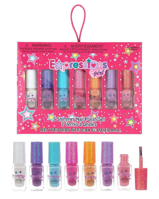 EXPRESSIONS 7pc Shimmer Nail Polish Set - Glitter Cap, Safe & Non-Toxic Nail Polish Kit for Girls & Teens