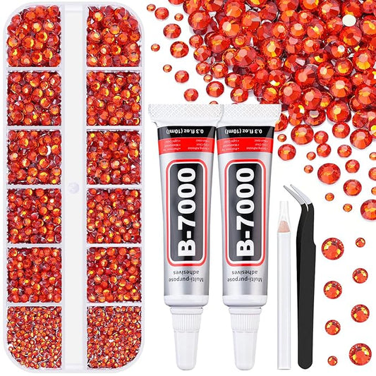 6100Pcs Resin Rhinestones for Crafting with 2Pcs 10ml B7000 Jewelry Glue, 1 Box Flatback Crystals Diamond (Red Zircon) for Bedazzling Crafts DIY Nail Art，Non Hotfix Gems for Clothing Shoes Tumblers