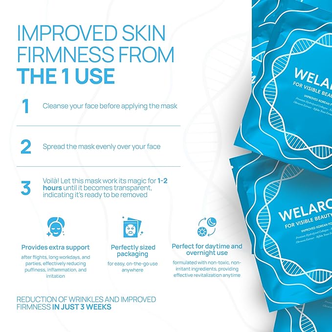 Welaroise Bio Protein Collagen Hydrogel Deep Face Mask - 35% More Collagen, Intense Hydration & Moisturization, Firming, Anti-Aging, Skin Renewal, Korean Skincare (Pack of 5)