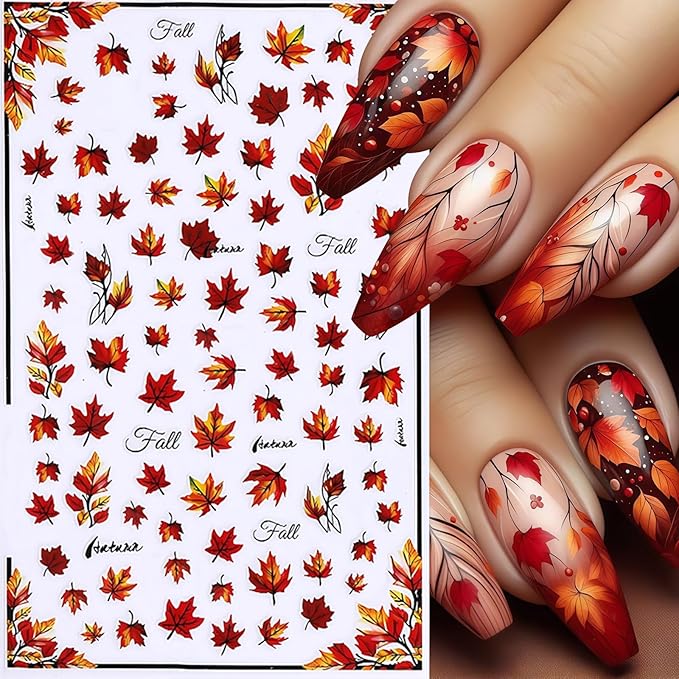 6 Sheets Fall Nail Art Stickers Decals Thanksgiving Day Pumpkin Nail Decals 3D Self-Adhesive Autumn Maple Leaves Pumpkin Design Maple Leaf Nail Art Sticker for Women Holiday DIY Manicure Decoration