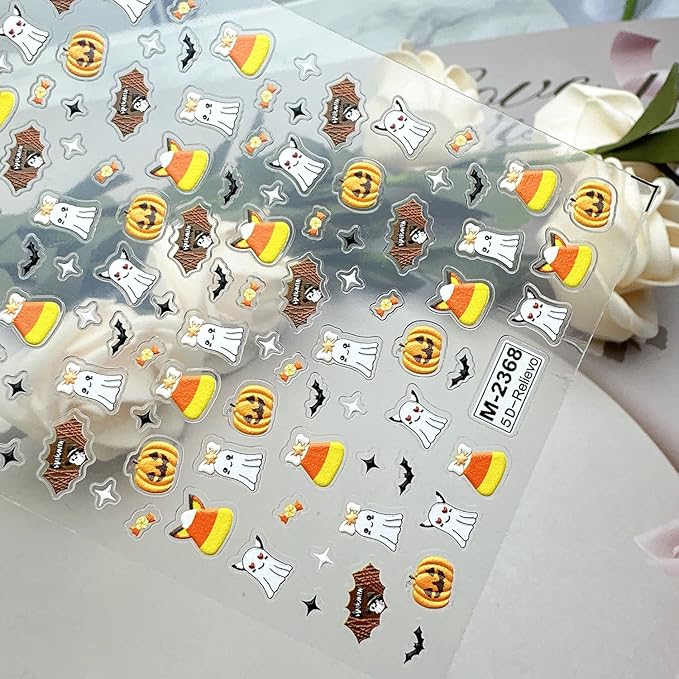 1 Sheets Halloween Nail Decals for Nail Art Cute Embossed Ghost Nail Stickers 5D Self-Adhesive Star Bat Candy Pumpkin Nail Art Stickers Scary Halloween Nail Decoration for Women DIY Nails Designs