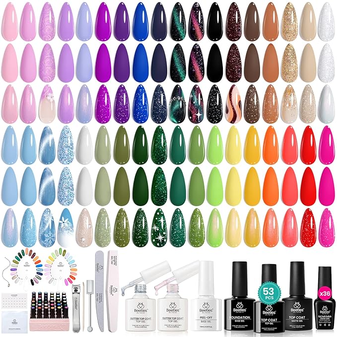 Beetles Winter Gel Polish Kit - 36 Colors Nail Kit Pink Purple Cat Eye Polish Set With 4pcs Base and Glossy Matte Glitter Top Coat Travel Diary Soak off Uv Gel Manicure Gift for Women