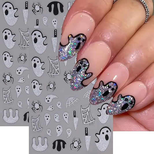 Halloween Nail Art Stickers Spider Web Nail Decals 2 Sheets 3D Self-Adhesive Glitter Spider Ghost Blood Nail Decals Day of Death Nails Stickers Holiday DIY Manicure Decoration Sticker for Women