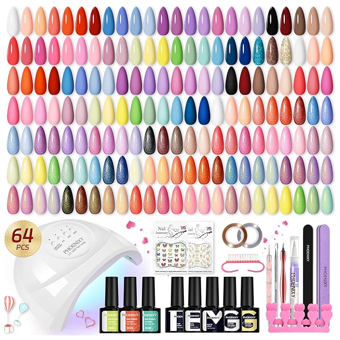 phoenixy Gel Nail Polish Kit with U V Light 64 Pcs Gel Nail Set 45 All Seasons Colors Nail Polish Set Base & 4 Effects Top Coat Manicure Tools Complete Nail Kit Gifts for Women Girls