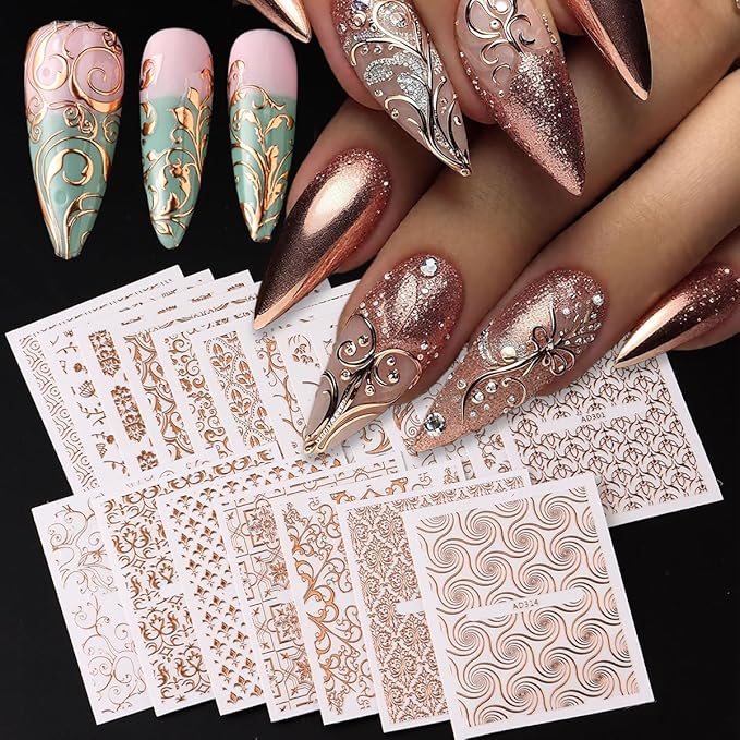 26 Sheets Rose Gold Nail Stickers Set, 3D Self Adhesive Nail Decals with Metal Geometric Stripe Wave & Lace Flower Floral Vine Patterns for DIY Manicure Decorations