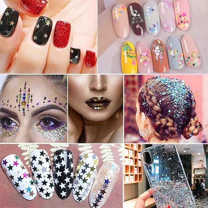 Stars Nail Art Glitter Sequins, 3D Stars Nail Glitter Flakes Design, Holographic Laser Star Acrylic Nails Supplies for Women Girls Manicure Sparkle Decorations, DIY Body Makeup Set(2 Boxes)