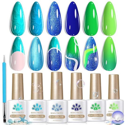 BORN PRETTY 6 Colors Shimmer Swirl Pacific Blue Glitter Blue Green Gel Polish Swirl Shell Thread Effect Soak Off Nail Art Design Salon Home Manicure Gift