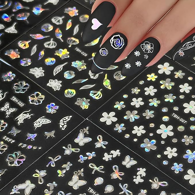 30 Sheets Aurora Nail Art Stickers Decals 3D Self Adhesive Flower Nail Stickers Aurora Moon Star Nail Decals for Nail Art Leaf Heart Nail Design for DIY Acrylic Nails Decoration Accessories for Women