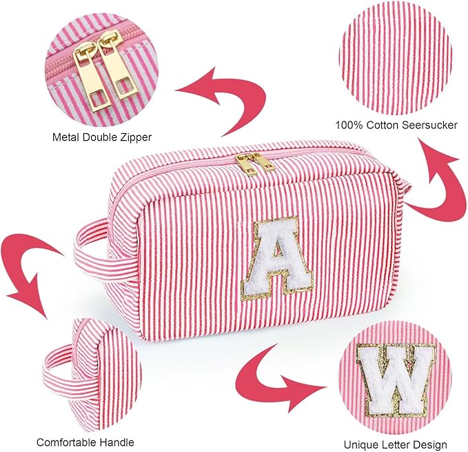 YOOLIFE Initial Makeup Bag for Women -Monogram Cute Pink Makeup Bags Cosmetic Toiletry Pouch Make Up Case for Women Her Best Friend Friendship Sister Teacher, Personalized Birthday Gifts for Women
