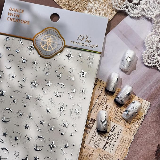 Shine Silver Star Nail Stickers for Nail Art 5D Embossed Self-Adhesive Pentagram Nail Decals with Rhinestones Designs for Women DIY Manicure Supplies Decorations 1 Sheets