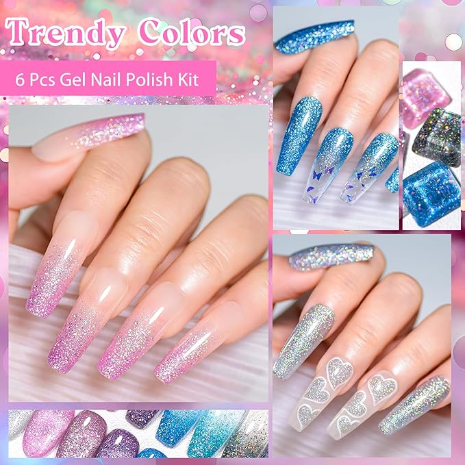 MEET ACROSS Gel Nail Polish Set 6 Pcs Glitter Colors Gel Nail Kit Art Design Soak Off UV LED (SET-5, 6pcs)