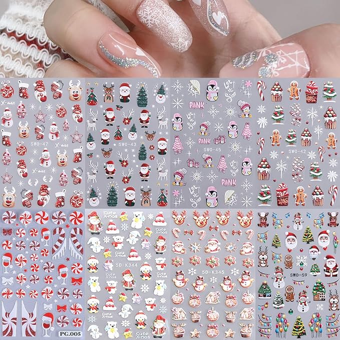 8 Sheets Christmas 5D Embossed Nail Art Stickers for Nail Art Red Glitter Nail Decals Self Adhesive Snowflake Elk Gingerbread Santa Claus Nail Design Stickers Winter Holiday Nail Sticker for Women
