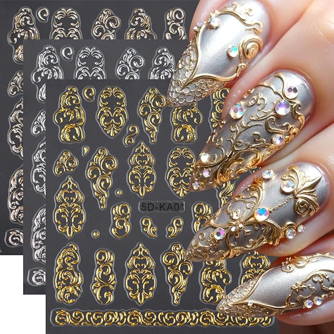 3Sheets Flower Pattern Nail Art Stickers 5D Embossed Gold Silver Flowers Vine Designs Nail Decals Self-Adhesive Rose Gold Floral Texture Nail Sticker Spring Summer Nails Supplies for Women Nails Decor