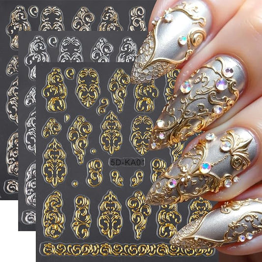 3Sheets Flower Pattern Nail Art Stickers 5D Embossed Gold Silver Flowers Vine Designs Nail Decals Self-Adhesive Rose Gold Floral Texture Nail Sticker Spring Summer Nails Supplies for Women Nails Decor