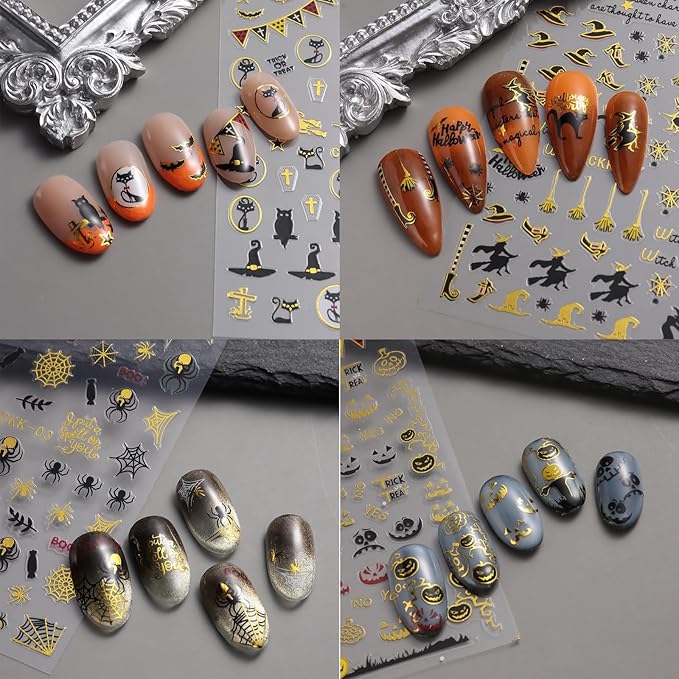 8Pcs Halloween Nail Stickers Spider Web Nail Decals Gold DIY Self Adhesive Ghost Cobweb Nail Design Halloween Nail Decoration Supplies Holiday Manicure Accessories for Women Girls
