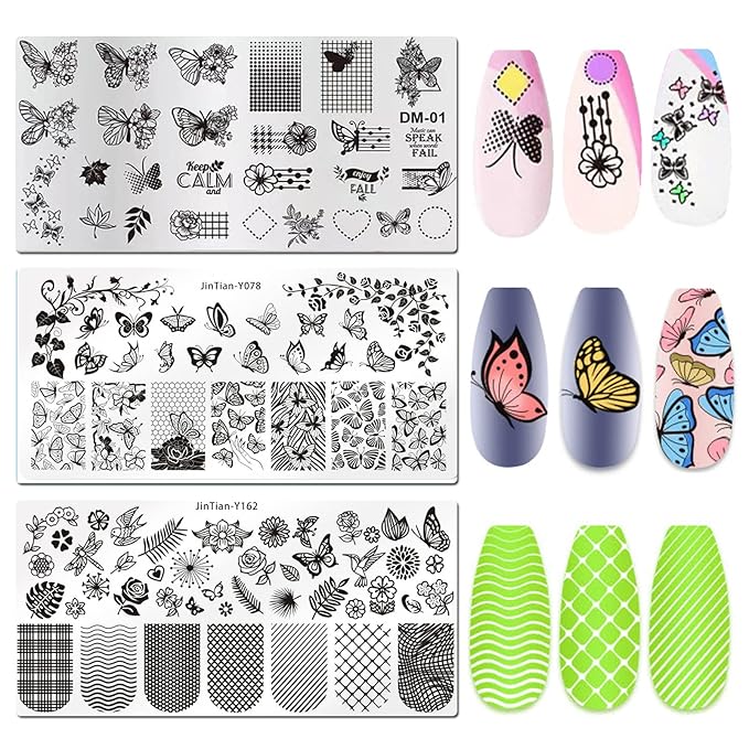 LoveOurHome Nail Stamping Plate Kit Flower Butterfly Lace Animal Fingernails Template Stencil Stamps Plate Silicone Stamper Scraper Manicure Design Tools Set (Butterfly)