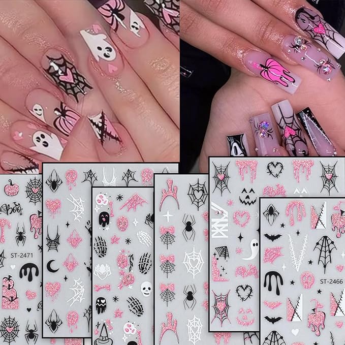 6 Sheets Halloween Nails Stickers Cute Mummy Pumpkin Nails Art Stickers 3D Self-Adhesive Supplies Nail Decal with French Tip Glitter Spider Web Design Nail Sticker for Nail Art Women's DIY Decoration