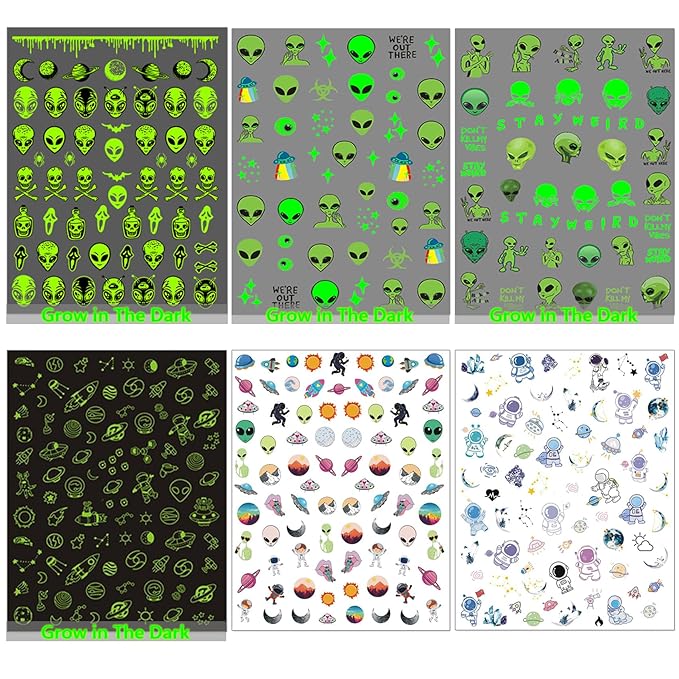 Alien Nail Art Stickers - Glow in The Dark ET UFO Astronaut Rocket Design Self-Adhesive Nail Decals for DIY Extraterrestrial Space Moon Star Manicure (6 Sheets)