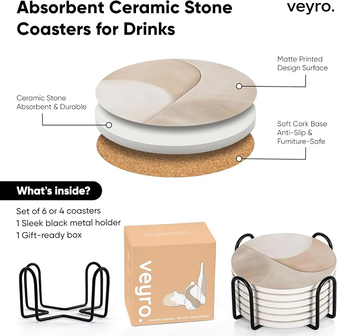 VEYRO Ceramic Coasters Set of 4 – Absorbent Stone Drink Coasters - Image 6