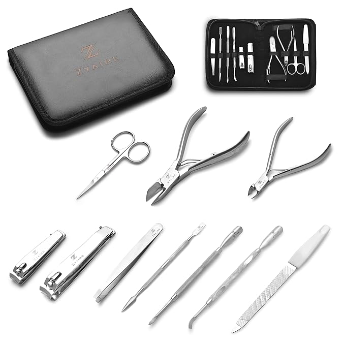 Manicure Pedicure Set - 10-in-1 Stainless Steel Grooming Kit, Personal Care Tools, Nail Nipper, Cuticle Cutter, Scissors, Tweezers, Blackhead Remover, Nail File & Case (Black)