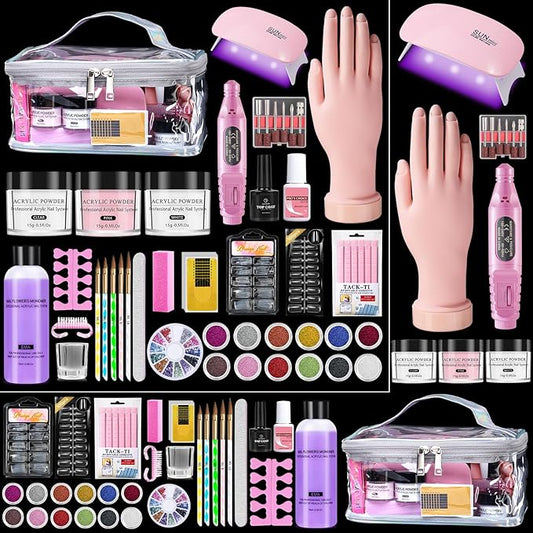 Nail Kit for Beginners with Everything: Practice Hand Acrylic Nail Set Professional Powder Drill Liquid Starter Kits with U V Lamp in Cosmetic Gift Bag for Women Salon Home (Sliver)