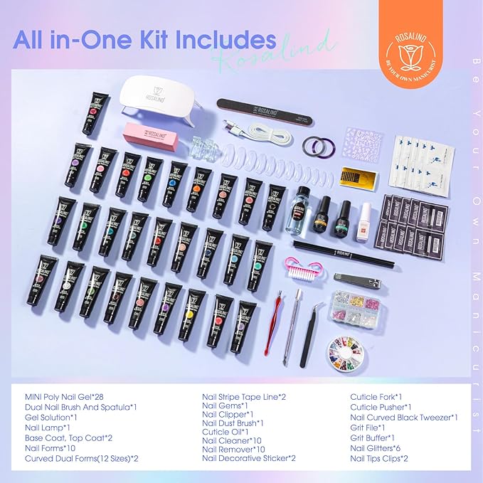 ROSALIND 28 Colors Color Poly Nail Gel Colors Kit with Mini Nail Lamp Clear Neon Poly Nail Gel Starter Kit for Beginners Halloween All Seasons Classic Colors with Everything