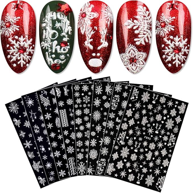 JMEOWIO 8 Sheets Christmas White Glitter Nail Art Stickers Decals Self-Adhesive Snowflake Winter Holiday Nail Supplies Nail Art Design Decoration Accessories