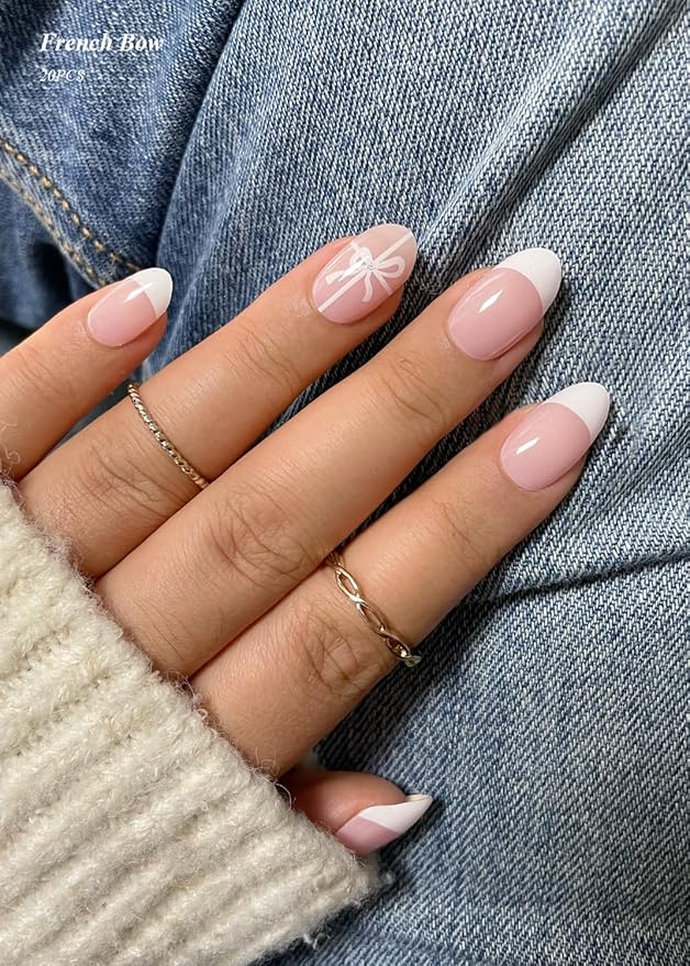 Semi Cured Gel Nail Strips (French Bow)-20 PCS Gel Nail Stickers | Gel Nail Wraps | UV Light Required, Salon Quality & Easy To Use