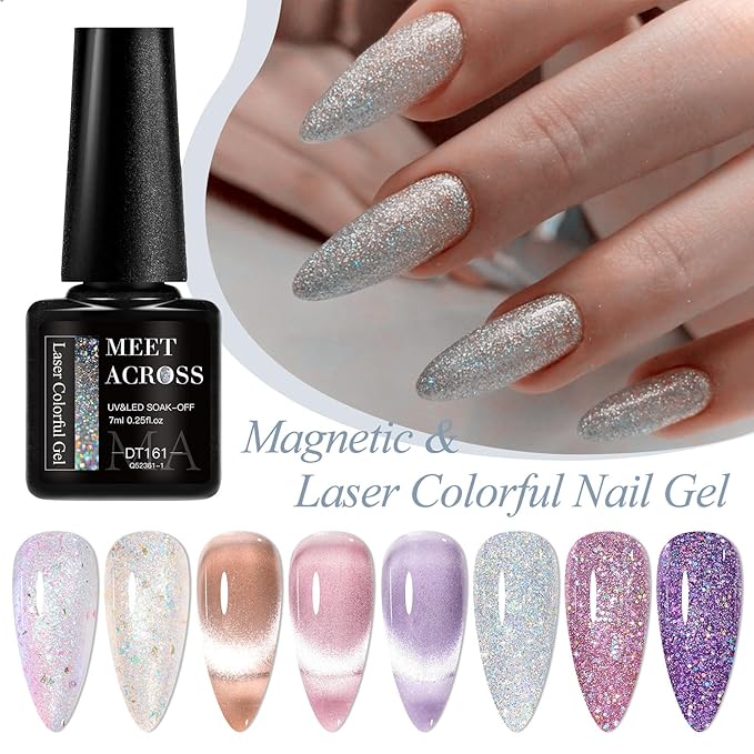 MEET ACROSS 8pcs Gel Nail Polish Set, Soak off UV LED Lamp Gel Nail Polish Cat Eye Set Home Gel Manicure Kit 7ml (Cat Eye + Glitter Gel)