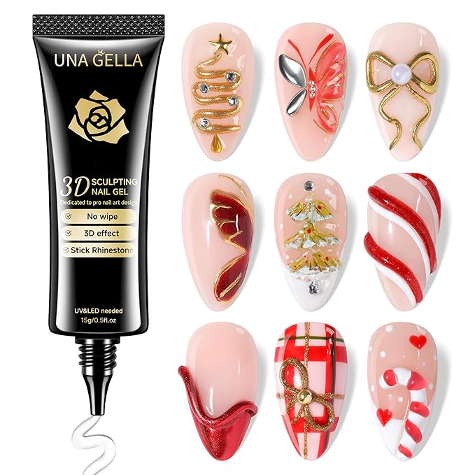 UNA GELLA 3D Gel Nail Art, 3D Nail Gel Sculpting G el Glue 15g 4 in 1 No Wipe Clear Nail Polish for Nails Tips, Chrome Powder, Nail Charms Gems, Drawing and DIY Christmas Nail Art Lamp Curing Needed