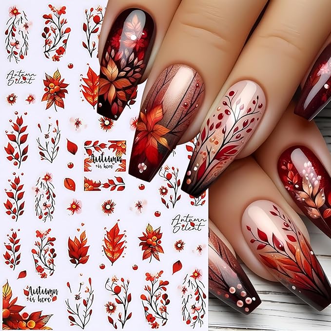 6 Sheets Fall Nail Art Stickers Decals Thanksgiving Day Pumpkin Nail Decals 3D Self-Adhesive Autumn Maple Leaves Pumpkin Design Maple Leaf Nail Art Sticker for Women Holiday DIY Manicure Decoration