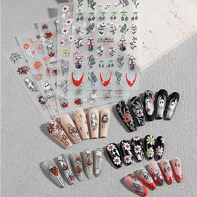 5 Sheets Halloween Nail Art Stickers Horror Skull Flower Nail Stickers Scary Embossed Ghost Spider Web Nail Decals 5D Self-Adhesive Strawberry Spider Nail Decoration for Women Girls Nail Designs