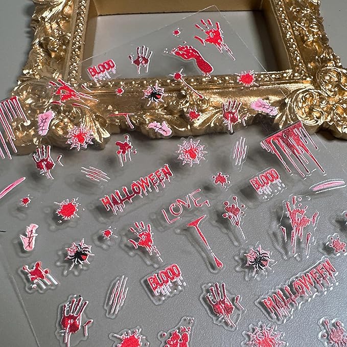 1 Sheets Halloween Nail Stickers for Nail Art Embossed Bloody Handprint Nail Art Stickers Blood Drop Spider Gothic Nail Decals 5D Self-Adhesive Bloody Footprints Nail Design Decals for Women