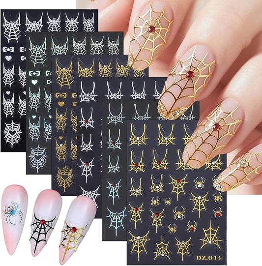 6 Sheets Halloween Scary Nail Stickers Gold Laser Silver White Nail Art Stickers Decals 3D Self-Adhesive Spider Web Bow Nail Decals for Women Halloween Party Nails Design Decoration Supplies