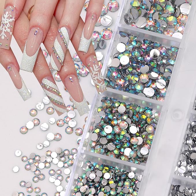 12Grids Shiny Rhinestone Nail Art Charms - 3D Colorful Rhinestones Nail Charms for Acrylic Nails Sliver Diamonds Nail Jewelry with Sliver Flat Back Designs for Women DIY Manicure Crafts Decor Supply